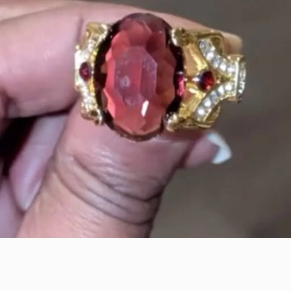 Elegant Gold Plated Cocktail Unisex Ring with Deep Red Gemstone Sz 13
